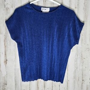 Lana Lee Vintage Bright Blue Crinkle Cap Sleeve 90s Y2K Scalloped Shirt Medium